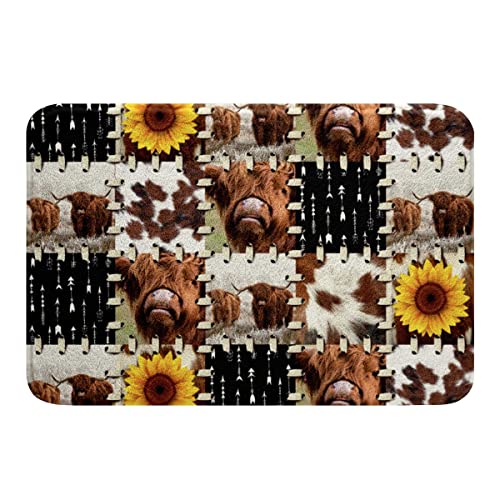 Fußmatte Highland Kuh Sonnenblume Rindsleder Druck Bauernhaus Kuh Fell Druck Boho Pfeil Tier Duschvorleger Langlebig Türmatte Saugfähig Badteppich Für Küche Eingang Schlafzimmer 40X60CM von Generic