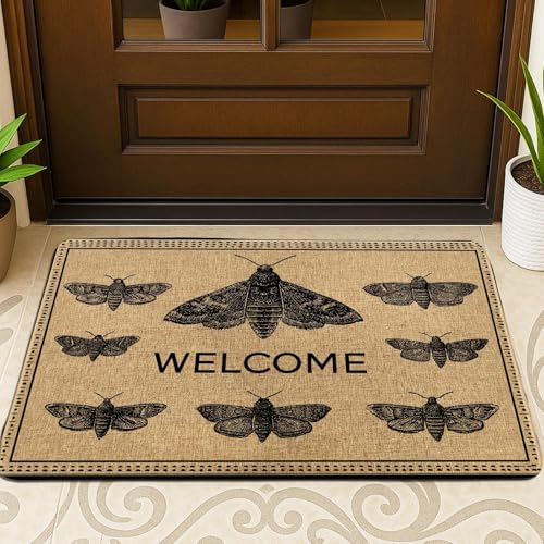 Fußmatte "Welcoming Moth", rustikale Fußmatte für Innen- und Außeneingänge, rutschfestes Design, leicht zu reinigen, für Heimdekoration, 73,2 x 43,2 cm, Beige von Generic