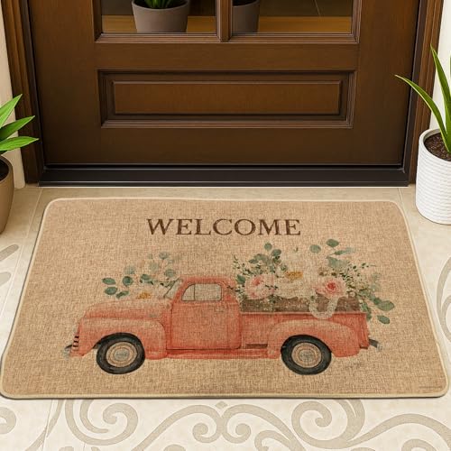 Fußmatte im Vintage-Stil, Motiv: Truck, Korallenblumen, für Innen- und Außenbereich, rutschfest, Gummi, wasserdicht, staubabweisend, leicht zu reinigen, 73 x 43 cm von Generic