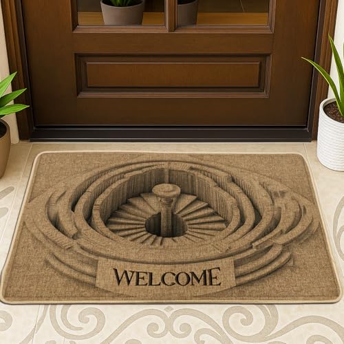 Fußmatte mit 3D-Spiral-Labyrinth-Motiv, Beige, Willkommensmatte für Innen- und Außenbereich, modernes Design, rutschfeste, saugfähige Fußmatten, leicht zu reinigen, 73,2 x 43,2 cm von Generic