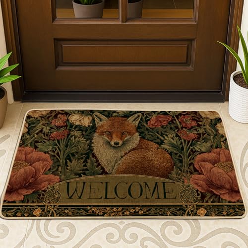Fußmatte mit Blumenfuchs, rustikales orangefarbenes Design für alle Jahreszeiten, Gartenstil, Innen- und Außenbereich, rutschfest, hohe Saugfähigkeit, leicht zu reinigen, 73,2 x 43,2 cm von Generic