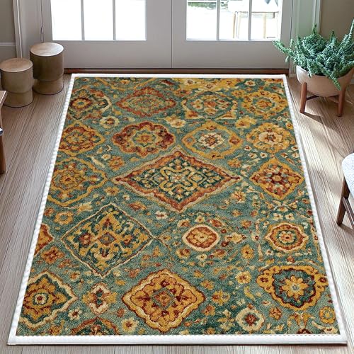 Fußmatte mit Blumenmotiv, traditionelles geometrisches Vintage-Medaillon, türkis, rutschfeste Unterseite, farbecht, für Eingangsbereich, Badezimmer, Waschküche, Dekoration, 90 x 150 cm Fußmatte mit Blumenmotiv, traditionelles geometrisches Vintage-Medaillon, türkis, rutschfeste Unterseite, farbecht, für Eingangsbereich, Badezimmer, Waschküche, Dekoration, 90 x 150 cm von Generic