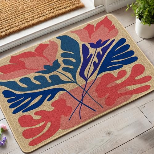 Fußmatte mit Frühlingsblumen, korallenrote und blaue Blätter, für Innen- und Außenbereich, rutschfeste Staubfangmatte, leicht zu waschen, 73,2 x 43,2 cm von Generic