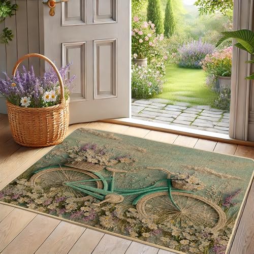 Fußmatte mit Frühlingsblumen-Motiv, blaugrün, für Innen- und Außenbereich, rustikale Dekoration, Gummi, wasserdicht, rutschfest, schmutzabsorbierend, einfache Reinigung, 73,2 x 43,2 cm von Generic