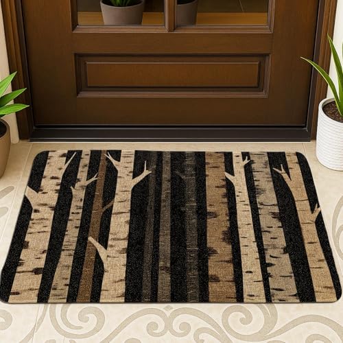 Fußmatte mit Herbst-Birkenbaum, Wald-Design, Innen- und Außenbereich, rutschfester Schmutzfänger für den Eingangsbereich, pflegeleicht, 73,2 x 43,2 cm, Schwarz und Beige von Generic