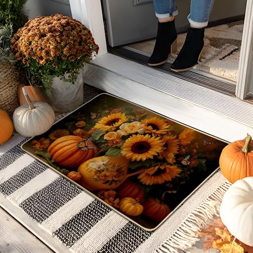 Fußmatte mit Herbstblumen, gelbe Sonnenblumen und Kürbisse, Eingangsmatte für Außen- und Innenbereich, Gummi, wasserdicht, rutschfest, staubabsorbierend, leicht zu reinigen, 73 x 43 cm von Generic