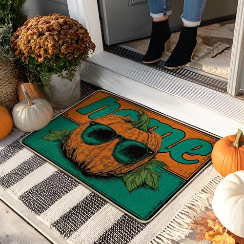 Fußmatte mit Herbstkürbis, Orange und Blaugrün, für den Herbst, saisonale Dekoration, Gummi, rutschfest, für Innen- und Außenbereich, leicht zu reinigen, 73,2 x 43,2 cm von Generic