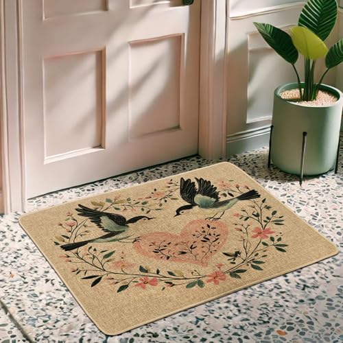 Fußmatte mit Herz-Blumenmuster, Vogel-Design für den Innen- und Außenbereich, Frühlingsdekoration, rutschfester Gummi, leicht zu reinigende Eingangsmatte, 73,2 x 43,2 cm von Generic