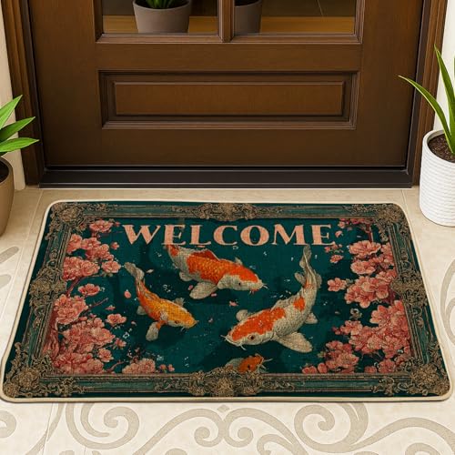 Fußmatte mit Karpfenfisch, blaugrünes Blumenmuster, Eingangsmatte für Frühling und Sommer, Innen- und Außenbereich, Gummi, rutschfest, staubabsorbierend, leicht zu reinigen, 73,2 x 43,2 cm von Generic