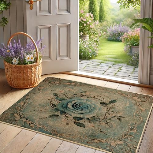 Fußmatte mit Vintage-Blumenmuster, Aqua-Rose, für Außen- und Inneneingang, saisonale Dekoration, Gummi, wasserdicht, rutschfest, staubabsorbierend, leicht zu reinigen, 73,2 x 43,2 cm von Generic