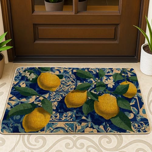 Fußmatte mit Zitronenmuster, gelbe Zitrus-Fußmatte für saisonale Heimdekoration, blaues Blumen-Design für den Innen- und Außenbereich, rutschfeste wasserdichte Vordermatte, leicht zu reinigen, 73 x 43 Fußmatte mit Zitronenmuster, gelbe Zitrus-Fußmatte für saisonale Heimdekoration, blaues Blumen-Design für den Innen- und Außenbereich, rutschfeste wasserdichte Vordermatte, leicht zu reinigen, 73 x 43 von Generic