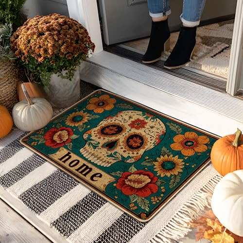 Fußmatte mit buntem Totenkopf, türkisfarbenes Blumenmuster, für Halloween und Herbst, Gummi, wasserdicht, rutschfest, schmutzabweisend, leicht zu reinigen, 73,2 x 43,2 cm von Generic