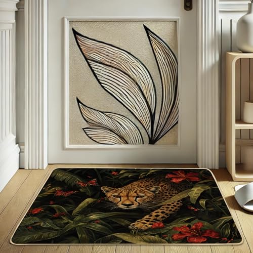 Fußmatte mit tropischem Gepard, Blatt-Design, für Innen- und Außenbereich, rutschfest, wasserdicht, staubabsorbierend, leicht zu reinigen, 73,2 x 43,2 cm von Generic
