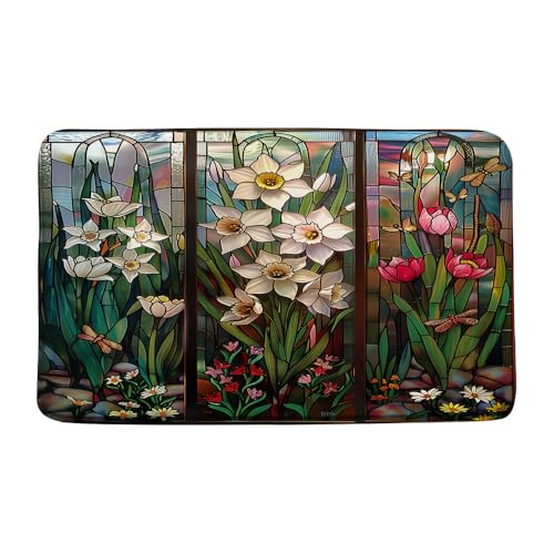 Fußmatten Glasmalerei Tulpe Blumen Blume Grüne Blätter Libelle, 40X60Cm Schmutzfangmatte Resistente Sauberlaufmatte Rutschfester Bodenmatte Für Terrasse Couloir Intérieur von Generic