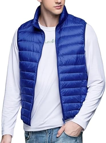 Fwshagmao Me's Fuel Eck Gesteppte Daunenweste Ärmellose Weste Ärmellose Jacke Puffa Weste Mit Taschen Für Golf Ruig Hikig Horse Ridig, Royal Blue, L von Generic