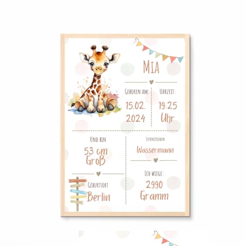 GRAVURITE | Geburtsposter personalisiert, Geburtstafel Junge & Mädchen, Poster Geburt, Geburtsanzeige, Geschenk zur Geburt Junge, Babyzimmer Deko, Löwe, Name und Daten Geburt, Mädchen (Giraffe) von Generic