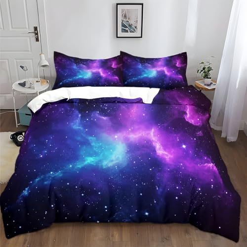 Galaxie-Fantasiemuster Bettwäsche 135x200 cm Dunkelblau Bettwäsche-Sets Polyester Baumwolle Bettbezug 3 Teilig, Atmungsaktiv Bettwäsche Set mit Reißverschluss and 2 Kissenbezüge von Generic