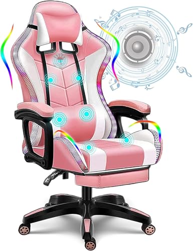 Gaming-Stuhl Mit Lautsprechern Videospielstuhl Audio Ergonomischer Led-rennbüro-Computer-schreibtischstuhl Verstellbarer Drehbarer Liegesessel Mit Kopfstütze Und Lendenkissen, Pink von Generic
