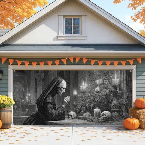 Garagentorabdeckung, Gothic-Stil, Halloween, schwarzer Vintage-Totenkopf und Kerze, große Garagentor-Dekorationen, gruselige Herbst-Party-Dekoration, 390 x 180 cm von Generic