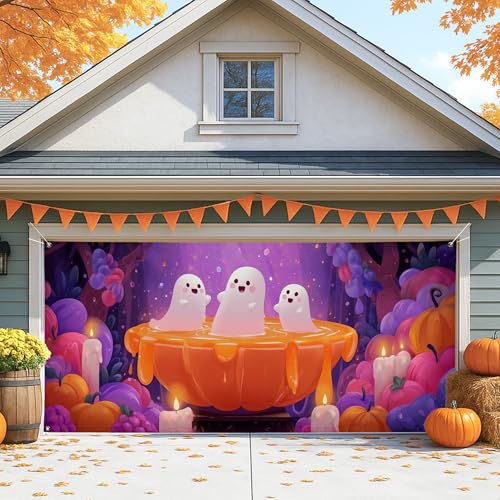 Garagentorabdeckung für Halloween-Geister, bunter Kürbis und Kerzen, große Garagentor-Dekorationen, lustige Party-Dekoration für drinnen und draußen, 390 x 180 cm von Generic