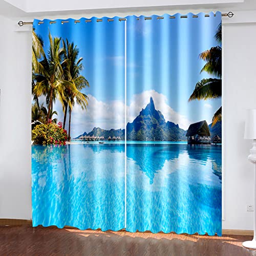 Gardine Vorhang Vorhange Blickdicht Mit Ösen Strand 230cm lang 234cm Breite Verdunkelung 3D Curtain Effekt Motiv Druck Wohnzimmer Schlafzimmer von Generic