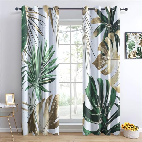 Gardinen Blickdichter Elegante Tropische goldene Blätter Dekoschals H183 x B117 cm (2er Pack) Bedruckte Vorhänge Set Vorhang Verdunkelung mit Ösen für Grün von Generic