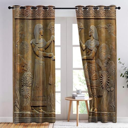 Gardinen Gelb Vorhänge mit Ösen Vorhang Modern Retro Alt Malerei Dekoschal Gardinen H260 x B140 cm (2er Pack) für Curtain Wohnzimmer Schlafzimmer Verdunkelung Fenster von Generic