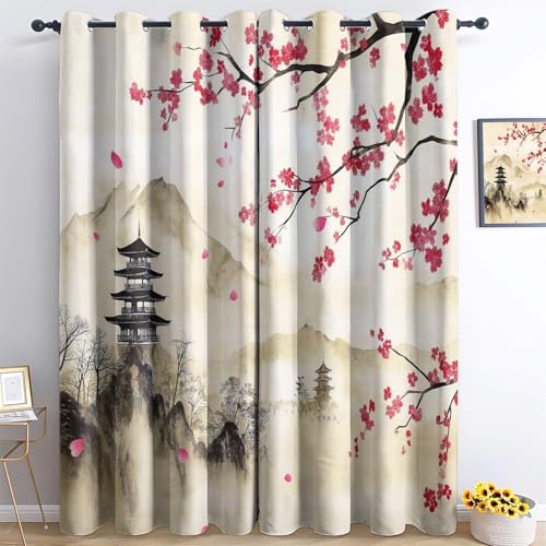 Gardinen H260 x B140 cm (2er Pack) Verdunkelungsvorhänge mit Ösen Aufdruck Mit Kirschblütentempel Im Japanischen Stil Muster Superweich Vorhänge Blickdicht Gardinen für Deko Schlafzimmer Gelb von Generic
