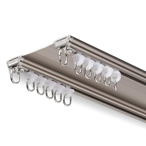 Gardinenschiene - Doppelte Vorhangschiene Deckenmontage - Schiebegardinen Schiene Aluminium Leise Ultradünn für Nach Innen öffnende Fenster, Wohnzimmer, Schlafzimmer,Gold,5.2m(17.1ft) von Generic