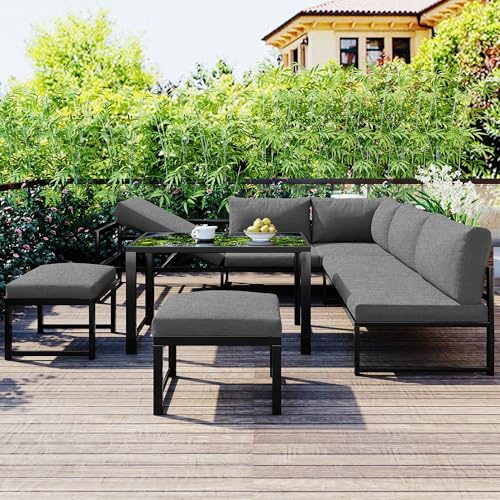 Garten Loungesessel Set mit Sitz- und Rückenpolster Ecksofa 2 Hocker Couchtische Aluminium Sitzgruppe mit Liegefunktion 4-Fach Verstellbarer Rückenlehne Grau von Generic