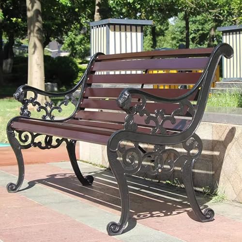 Gartenbank Wetterfest Metall Vintage Parkbank Terrassenstühle Straßenbank mit Löwenkopf-Armlehne Starke Tragfähigkeit für Balkon, Terrasse, Garten(Brown,1.2m) von Generic