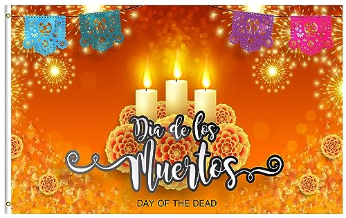 Gartenflagge Dia De Los Muertos Kerzen Zuckerschädel Mit Ringelblumenkranz Hausflagge Lichtbeständig Willkommensfahne Lustige Hofbanner Für Draußen Rasen Balkone 152X90CM von Generic