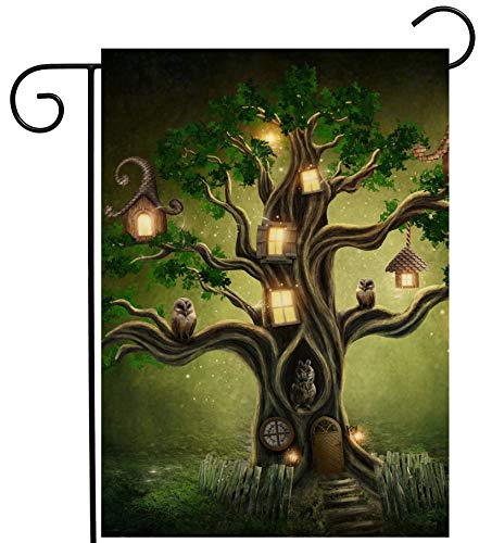 Gartenflagge Geheimnisvoller Baum, Vögel, Eulen, Laterne, Haus In Fantastischer Fee Familienfahne Lustiger Willkommensfahne Strapazierfähiges Hofbanner Für Urlaub Balkone Draußen 30X45Cm von Generic
