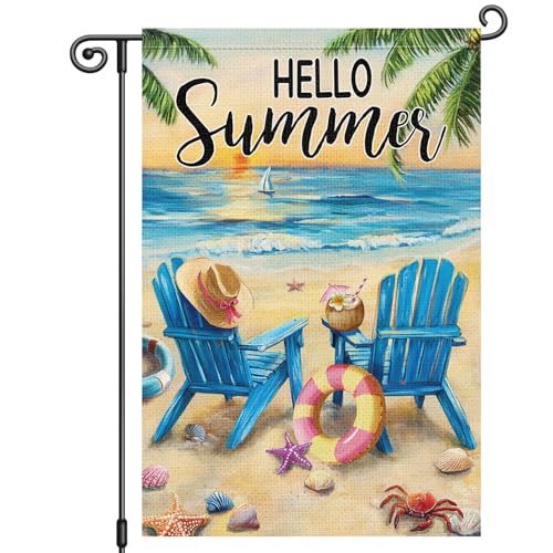 Gartenflagge Hallo Strandkorb Sonnenuntergang Meer Familienfahne Lustiger Willkommensfahne Leichte Hofbanner Für Urlaub Balkone Draußen 30X45Cm von Generic