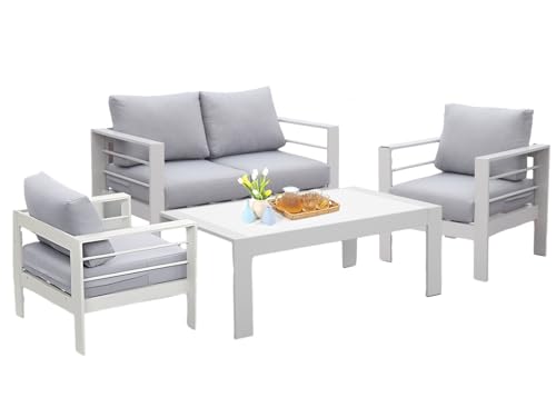 Generic Gartenlounge-Set Terrassenmöbel Set, Aluminium Gartenmöbel Lounge Set, 4-TLG., Sitzgruppe mit 2-Sitzer-Sofa, 2 Einzelsessel, 1 Tisch (weiß), 9519-P1P2P4 von Generic