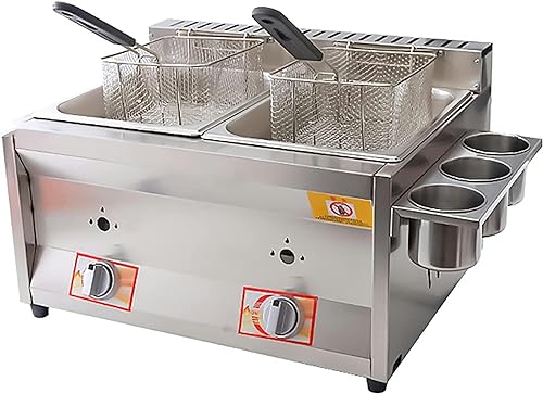 Gasfritteuse 10L + 10L Kommerzielle Doppelgasfritteuse, LPG-Gasfritteuse Edelstahl-Arbeitsplattenfritteuse, für Pommes Frites Restaurantküche Gasfritteuse von Generic