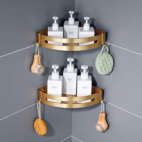 Gebürstetes Gold Bad Ecke Regale Wand montiert Duschregal mit Haken 2er-Pack Shampoo-Halter und Organisationsbohrer oder selbstklebende Installation Gebürstetes Gold Bad Ecke Regale Wand montiert Duschregal mit Haken 2er-Pack Shampoo-Halter und Organisationsbohrer oder selbstklebende Installation von Generic