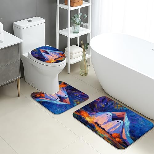 Geister-Badematten-Set, 3-teilig, bunt, abstrakte Kunst, saugfähig, rutschfest, U-förmig, waschbar, Halloween-inspiriert, schnell trocknend, Flanell-Badezimmerteppich-Set von Generic