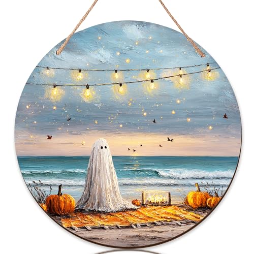 Geister-Willkommensschild für Haustür, Halloween Fantasievoller Kürbis Lichterkette Halloween Orange Holz Front Veranda Willkommensschilder für Zuhause Schöne Wohndekorationen Set von 1 von Generic