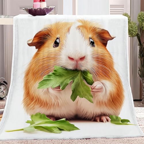 Gelb Bedruckte Flanelldecke Super weiche Mikrofaser warme Flauschige Meerschweinchen mit Blättern Decke Couch Sofa Wohnzimmer Geschenke für Frauen Mädchen 100 x 130 cm von Generic