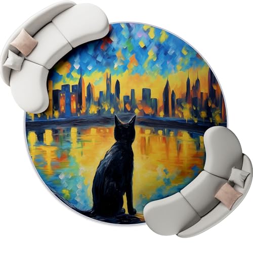 Gelb Blau Waschbarer Runder Teppiche 200 cm Weicher Runder Teppich Rutschfester, Tiere Katzen Stadtgebäude Bedruckter Teppich Für Wohnzimmer Esszimmer Schlafzimmer Flächenteppich Gelb Blau Waschbarer Runder Teppiche 200 cm Weicher Runder Teppich Rutschfester, Tiere Katzen Stadtgebäude Bedruckter Teppich Für Wohnzimmer Esszimmer Schlafzimmer Flächenteppich von Generic