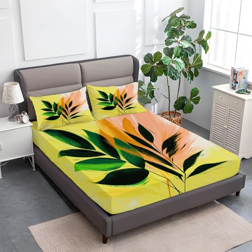 Gelb Spannbettlaken Set 180 x 200 cm, Minimalistische Blätter Bedrucktes Weiches Spannbetttüche, Microfaser Atmungsaktiv Bettwäsche Tiefe Tasche 30 cm mit 2 Kissenbezügen Gelb Spannbettlaken Set 180 x 200 cm, Minimalistische Blätter Bedrucktes Weiches Spannbetttüche, Microfaser Atmungsaktiv Bettwäsche Tiefe Tasche 30 cm mit 2 Kissenbezügen von Generic