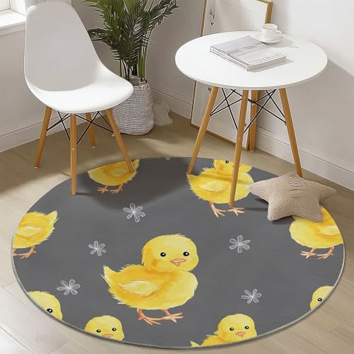 Gelb Teppich Rund 150 cm Tiere Huhn Cartoon Moderner rutschfest Teppiche Runder Waschbar Rund Teppiche Kurzflor Weich Runder Teppich for Wohnzimmer Schlafzimmer Kinderzimmer von Generic