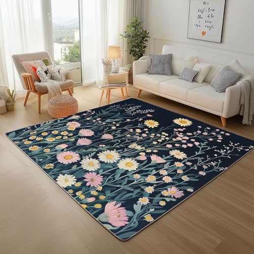 Gemalte Kunst Gänseblümchen Blumen Waschbarer Teppich Wohnzimmer 200x300cm Pflanze Blumen Rugs for Living Room Weich rutschfest Tepich Kurzflor Schlafzimmer Esszimmer Teppiche Büro von Generic