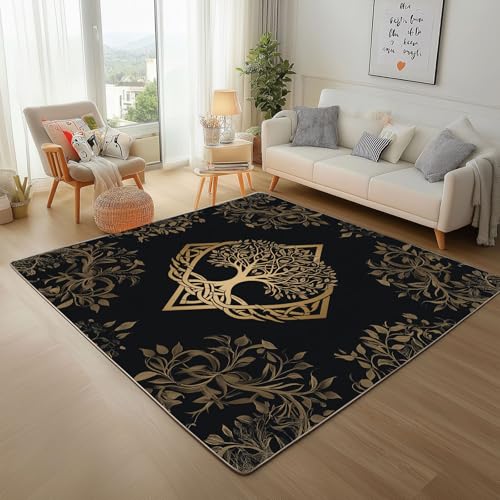 Gemalter Lebensbaum Schwarz Gold Waschbare Teppiche Gegend 200x300cm Teppich Flauschig Pflanze Lebensbaum Wohnzimmer Schlafzimmer Teppisch rutschfest Kurzflor Weich Rugs for Living Room Carpet von Generic