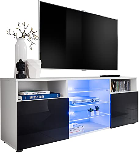 Generic ExtremeFurniture T38 TV Lowboard, Karkasse in Weiß Matt/Front in Schwarz Hochglanz mit LED in Blau von Generic