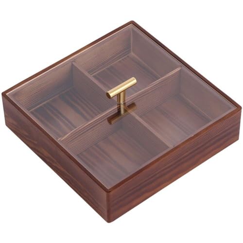 Generic Geteiltes Holztablett Deckel, Süßigkeitenschale, Trockenfrüchtetablett, Snackbox, 4 Fächer, Organizer Für Trockenfutter, Quadratische Lebensmittelplatte von Generic