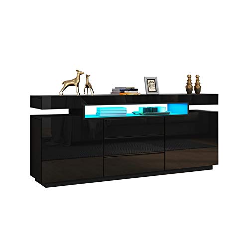 Generic LED Sideboard für Wohnzimmer Hochglanz Buffet Schrank Vitrine 160cm TV Einheit Stand 2 Türen 3 Schubladen TV Lowboard Möbel Schwarz von Generic