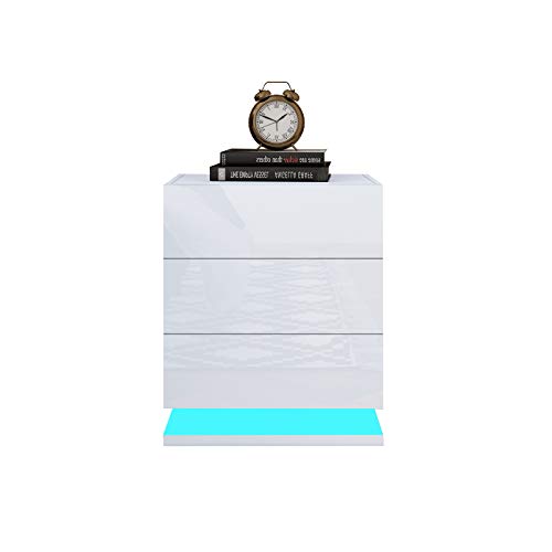 Generic Nachttisch Hochglanz Front Nachtschrank 3 Schubladen mit Led Beleuchtung Beistelltisch für Wohnzimmer Schlafzimmer 50 x 35 x 60cm (Weiß), BT04-3 von Generic