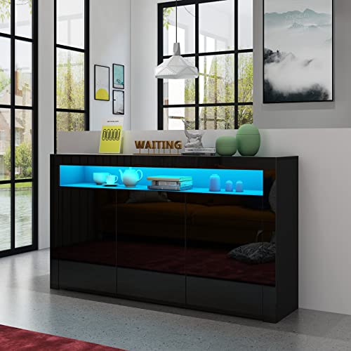 Generic Sideboard Schrank Modern Wohnzimmer Anrichte Möbel 3 Türen Hochglanz TV Lowboard mit LED Licht 152x35x97cm - Schwarz von Generic